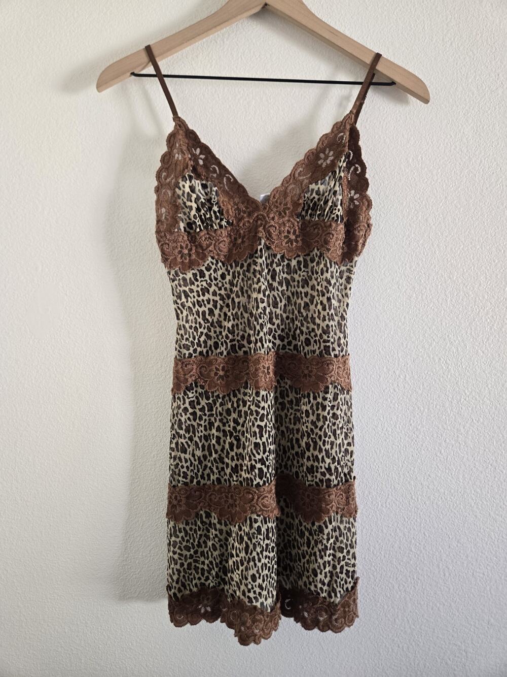 Vtg Rampage Y2k The Brigitti Leopard Print Lace Slip Mini Dress Medium Coquette